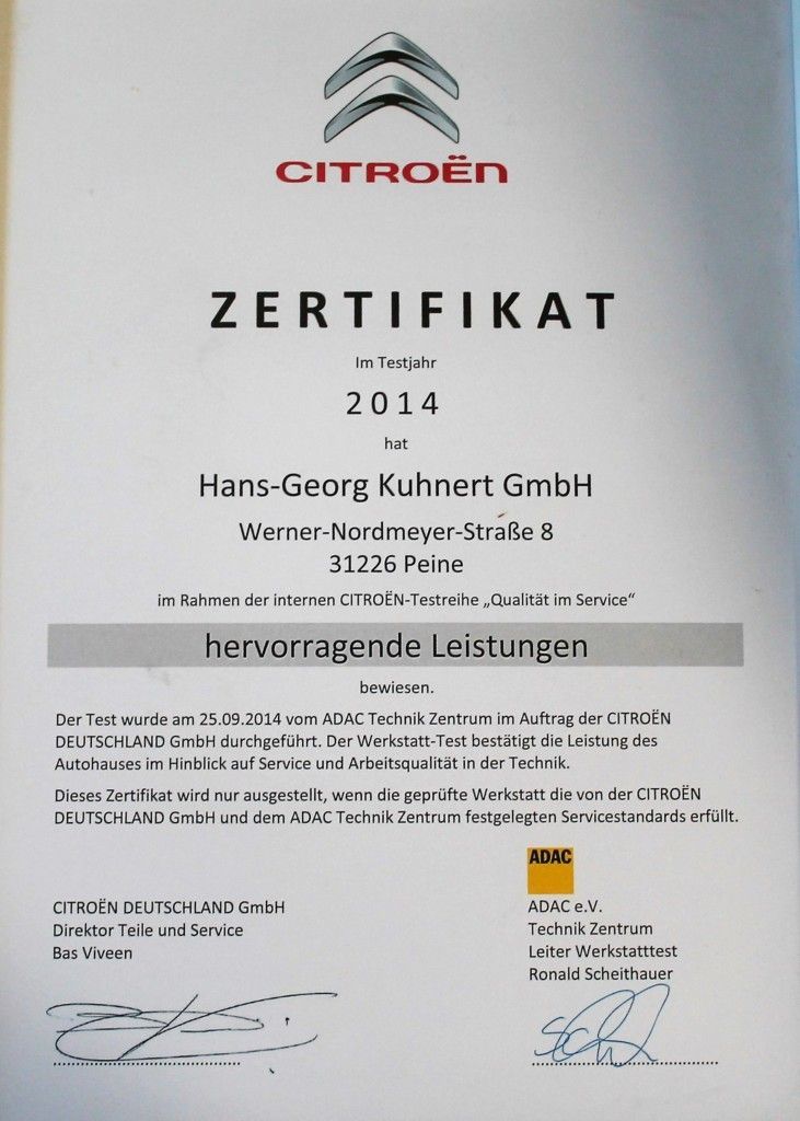 Zertifikat "Qualität im Service" von Citroën für das Jahr 2014