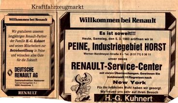 Zeitungsannonce bezüglich der Eröffnung vom Autohaus Kuhnert